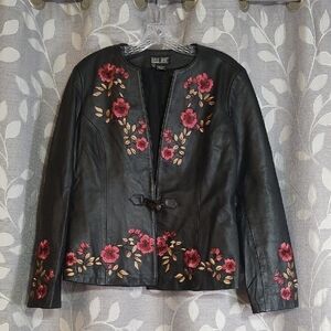Belle Sport Women's Black Floral Embroidered Leather Jacket size L
